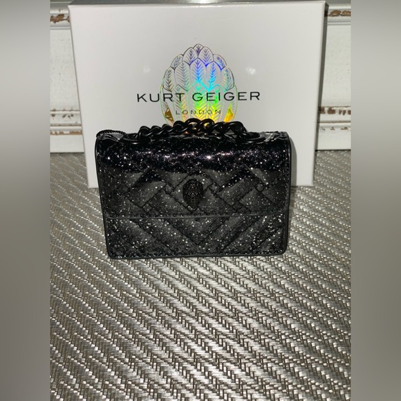 Kurt Geiger London Micro Kensington Black Glitter Leather Crossbody Bag - Picture 2 of 7